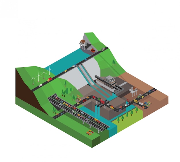 Dam hydroelectriciteit krachtstation isometrisch