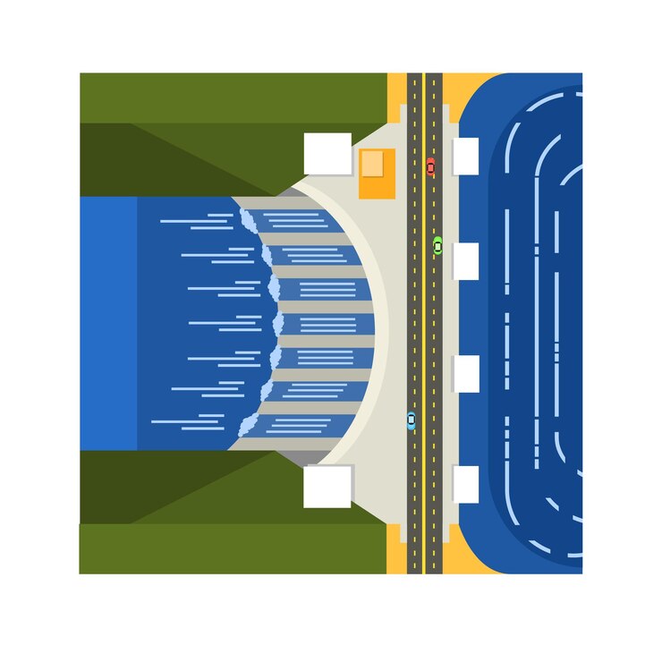 Vector dam on river from above flat vector illustration in simplified style