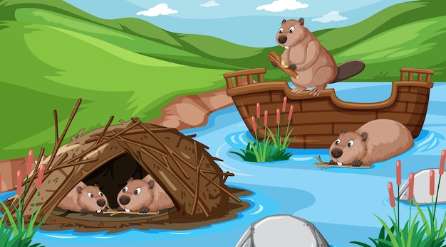 Vector dam in the river with beaver family