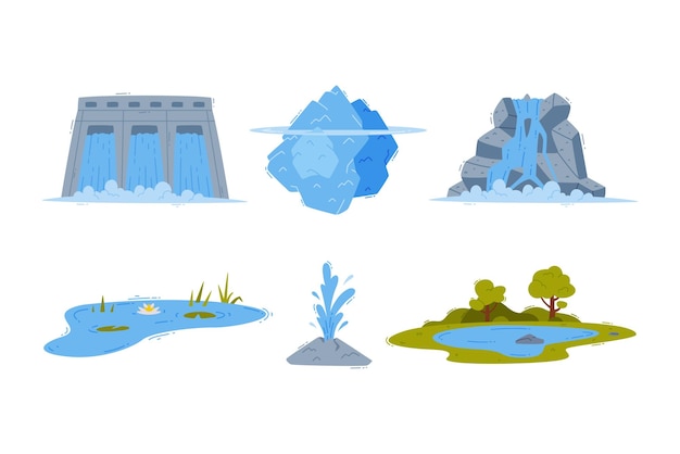 Dam Waterfall Iceberg Pond and Spring with Flowing Water Vector Illustration Set Blue Liquid Substance as Fluid Earth Source Concept