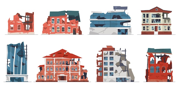 damage city building facades urban destruction and ruines collapsed houses and stores broken postapocalypse architecture after collapse war or earthquake vector flat cartoon isolated on white set