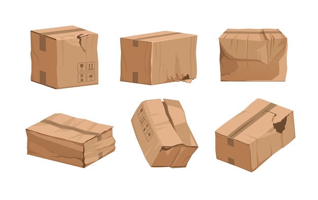 Vector damaged box cartoon broken package ripped and wet shipping cardboard packaging cargo and mail parcels set wrinkled containers vector poor quality delivery or warehouse storage