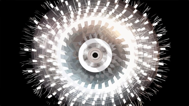 Vector damaged circular saw with sparkle on white mesh background