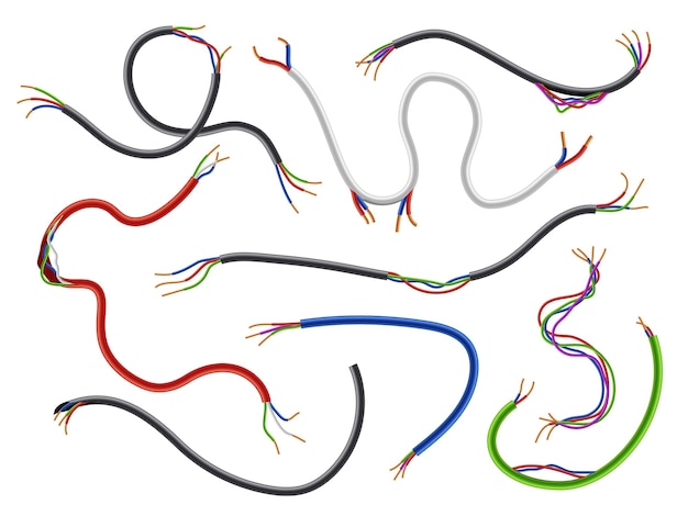 ベクトル 損傷した電気ケーブル 現実的な柔軟な断線 細い配線の 3d コード さまざまな形状と長さの部分 絶縁されていない電流回路 ベクトル引き裂かれた電気導体セット