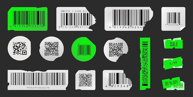 Поврежденные или испорченные QR-коды и этикетки со штрих-кодом. Круглые, квадратные или прямоугольные этикетки. Кислотно-зеленый цвет