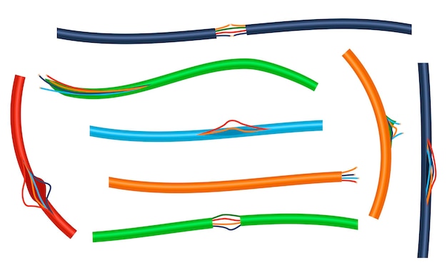 異なる色の破損したワイヤーベクトルイラストセット。白い背景で隔離された壊れたまたは切断された電気ケーブル。メンテナンス、電気、技術コンセプト