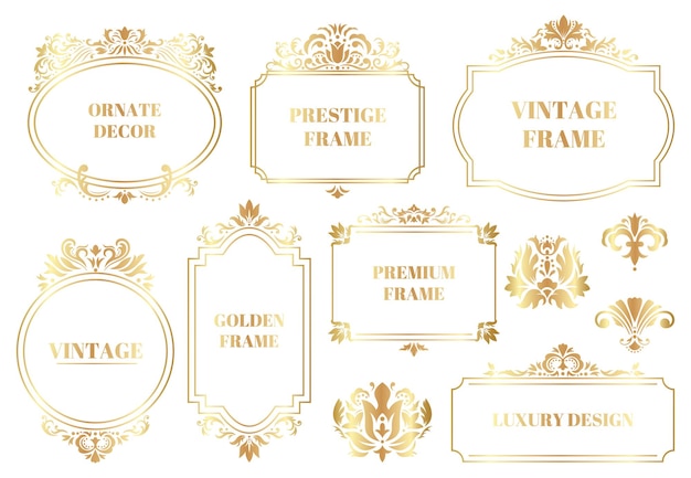 Damask ornamental frames. antique baroque floral golden border frames isolated set