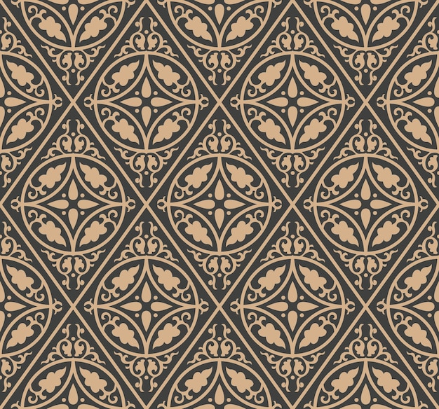 Damask seamless retro pattern background check round spiral curve cross leaf frame chain.