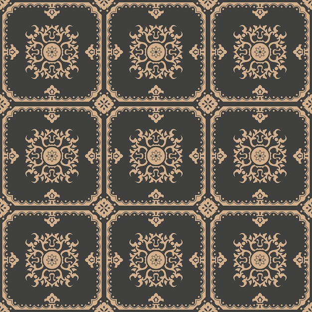 Damask seamless retro pattern background polygon frame spiral curve cross plant vine flower.