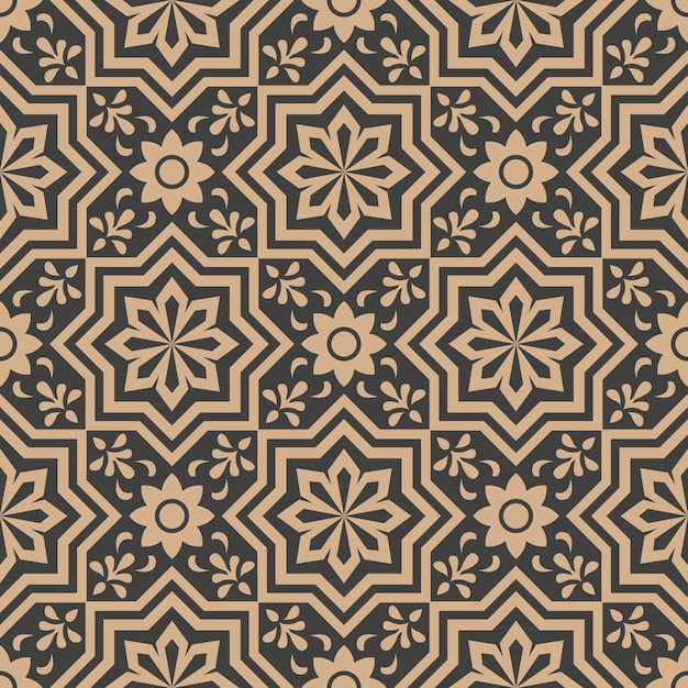 Damask seamless retro pattern background polygon star cross frame leaf vine flower.