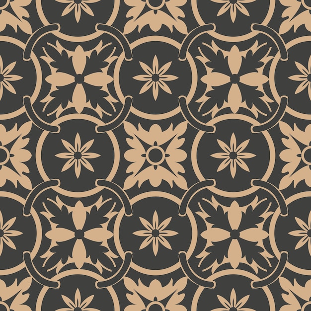 Damask seamless retro pattern background round curve cross frame chain leaf flower.