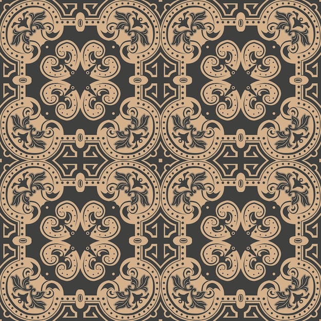 Damask seamless retro pattern background round curve cross frame leaf flower.