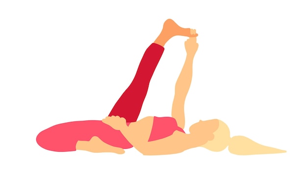 Dame met blonde paardenstaart haar yoga pose in cartoon vlakke stijl Pilates en geestelijke gezondheid