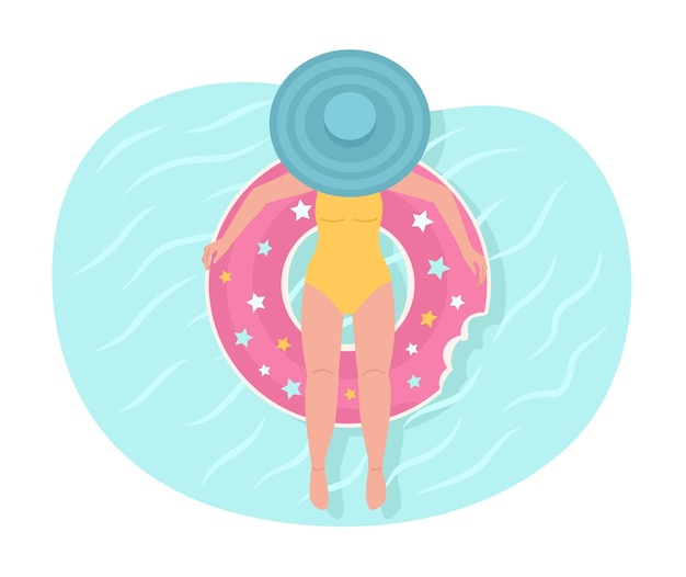 Dame zwemmen op pool float 2D vector geïsoleerde plek illustratie