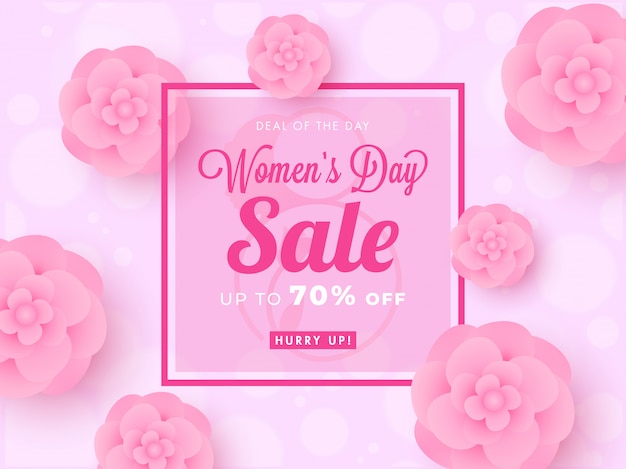 Dames dag verkoop posterontwerp met 70% korting en papieren snijbloemen versierd op roze bokeh achtergrond.