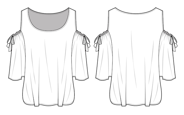 Vector dames koude schouder jurk voor- en achteraanzicht platte tekening vector bestand