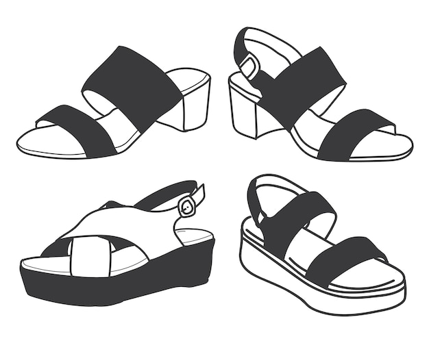 Dames mode leren sandalen schoenen Set van vector illustraties