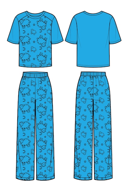 Dames pyjama nachtkleding met schapenpatroon Blauwe t-shirt en broek