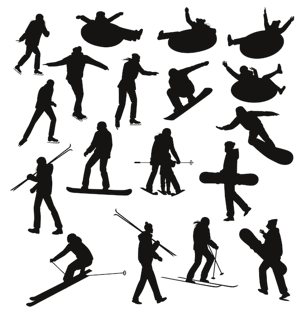 Dames ski snowboards slangen schaatsen plat geïsoleerd Vector silhouetten