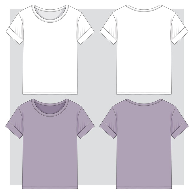 Vector dames t-shirt met ronde hals, opgerolde mouwen, platte schets