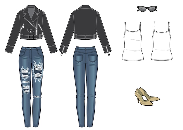 Vector damesmode look met leren jas en jeans