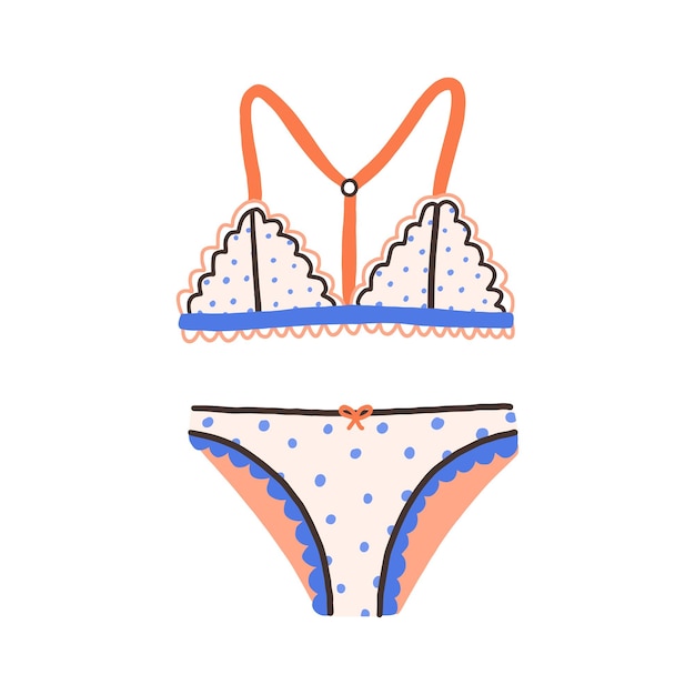 Damesondergoed met stippenpatroon. Elegante schattige lingerie met beugelloze bh en slipje. Beha met bandjes en veters. Gekleurde platte vectorillustratie geïsoleerd op een witte achtergrond.