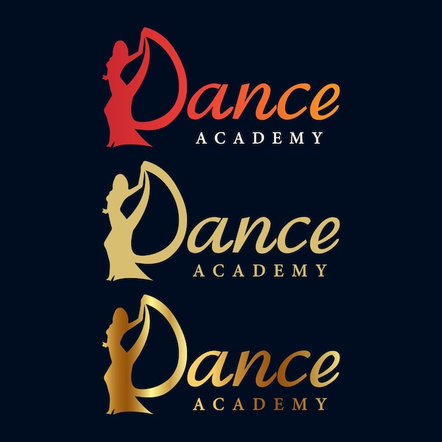Vettore dance academy logo design con colore oro