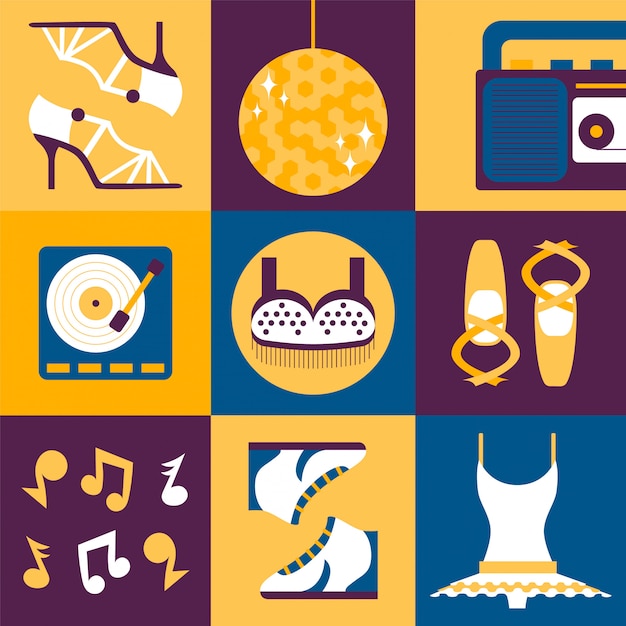 Dance clothes and accessories in flat style collage, set of icons and stickers