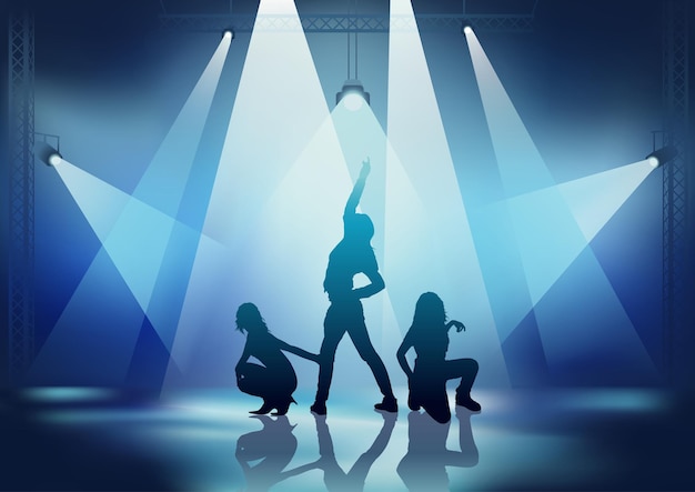 Vector dance party background with dancing girls in the spotlights