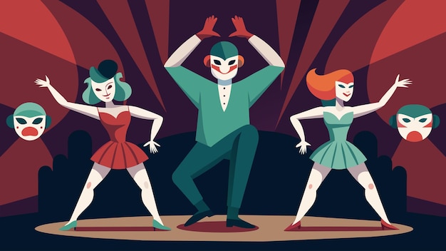 Vector in a dance performance the dancers wear masks with exaggerated expressions representing the