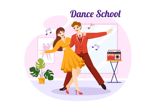 Illustrazione della scuola di danza di persone che ballano o coreografia con attrezzatura musicale in studio