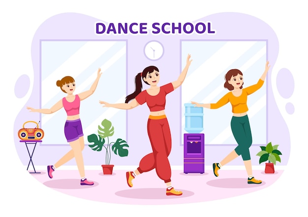 Dance school illustration of people dancing or choreography with music equipment in studio