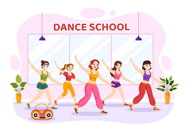Vettore illustrazione della scuola di danza di persone che ballano o coreografia con attrezzatura musicale in studio