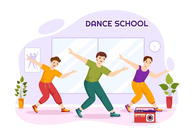 Illustrazione della scuola di danza di persone che ballano o coreografia con attrezzatura musicale in studio