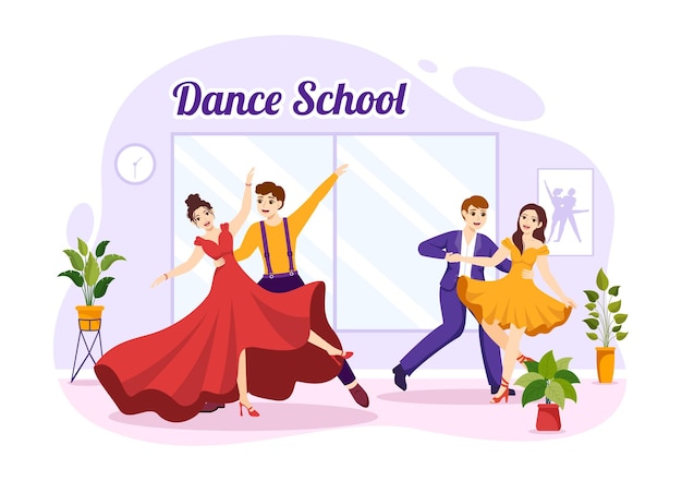 Vettore illustrazione della scuola di danza di persone che ballano o coreografia con attrezzatura musicale in studio