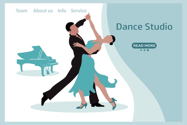 Vector dance studio banner couple of dancers and piano woman and man ballroom dancing