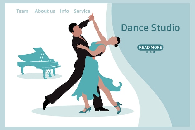 Вектор Баннер танцевальной студии пара танцоров и фортепиано женщина и мужчина бальные танцы