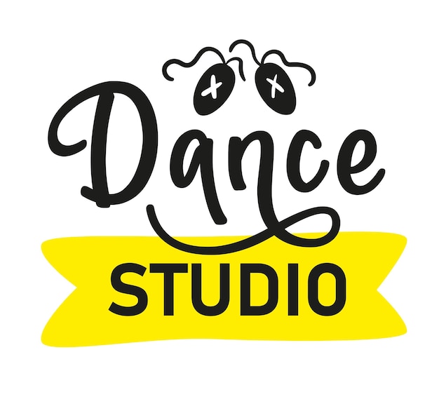 Dance studio lettering with doodle pointe shoes isolated on white background