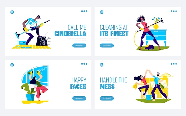 Dance while cleaning house. set of landing pages with funny cartoon characters