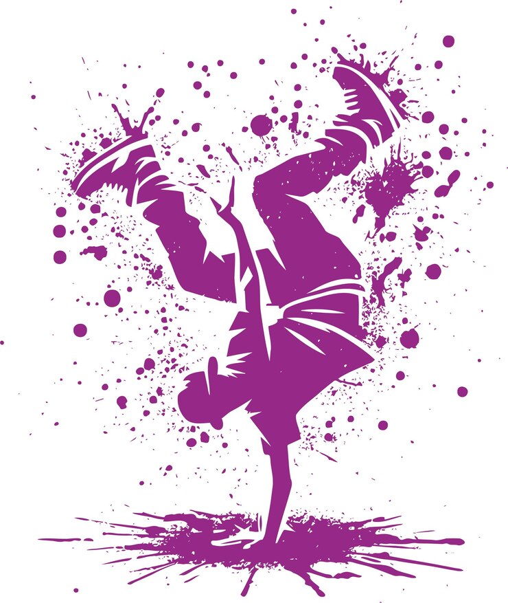 Vector dancer in dynamic dance stands on one hand with legs up art stencil drawing with splashes and blots
