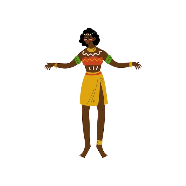 Vector dancing african woman aboriginal girl dressed in bright traditional tribal clothing and ethnic jewelry vector illustration on white background