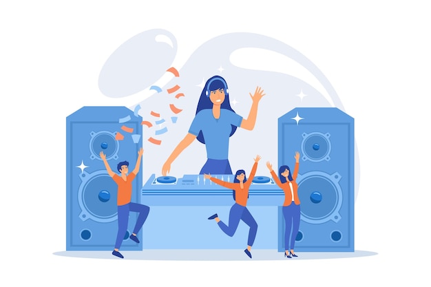 クラブで楽しく踊る ナイトクラブ ディスコ クラビング 女性 DJ 漫画のキャラクター 音楽コンサート