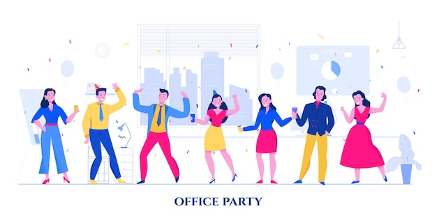 Vector dancing colleagues in bright suits and dresses at office party flat