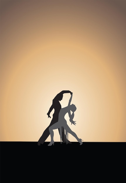 Dancing couple silhouettes, sunset background