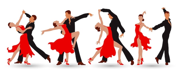 Vector dancing couples set. man and woman dancing tango or waltz. red and black design. illustration