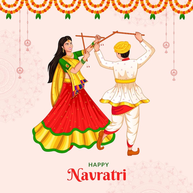 Navratri에서 춤추는 Dandiya 커플, Happy Durga Puja 및 Dussehra