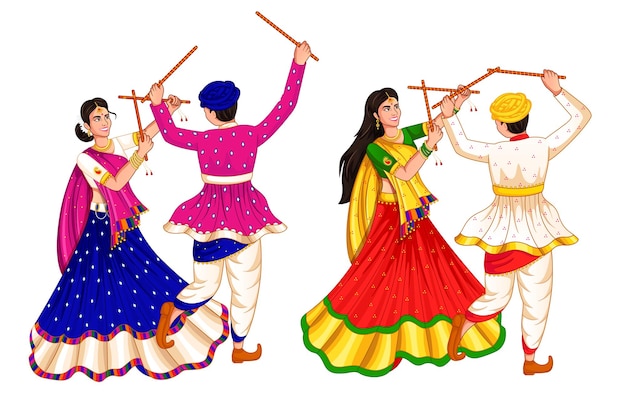 ベクトル ナヴラトリで踊るダンディヤ カップル、ハッピー ドゥルガー プジャ、デュッセラ