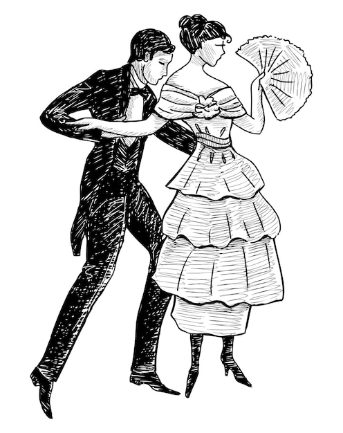 Vettore una coppia elegante che balla, una signora e un signore graziosi in costumi d'epoca, vettori in bianco e nero, disegni a mano in stile retro.