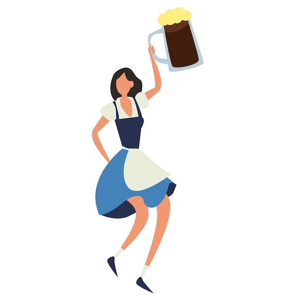 Танцующая девушка в традиционном синем немецком костюме на октоберфесте, подающая пиво, фестиваль пива, фартук