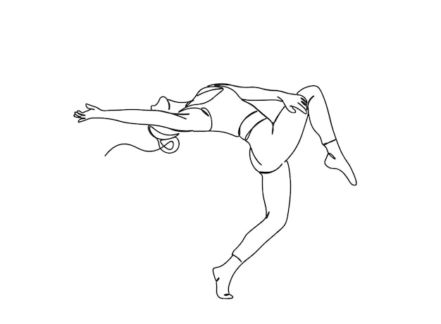 Однолинейный рисунок танцующей девушки продолжает линейную векторную иллюстрацию